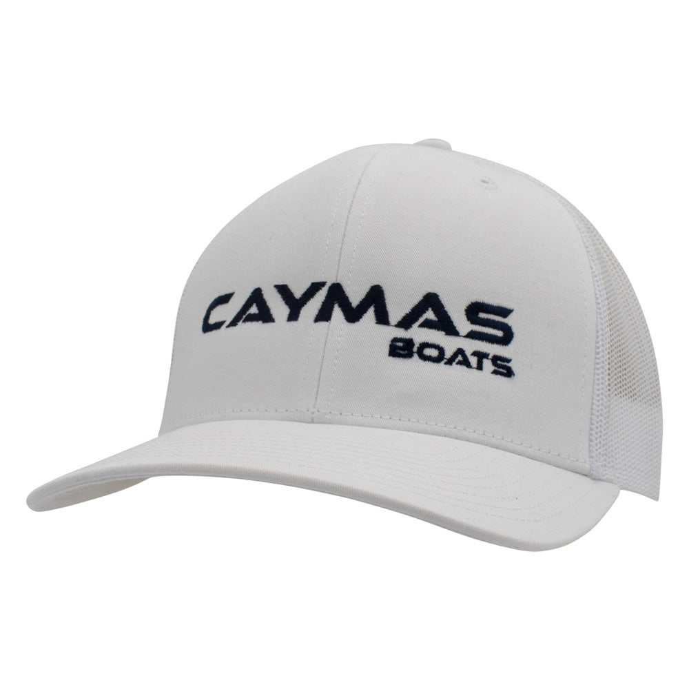 White cap with a black 'Caymas Boats' logo embroidered on the front.