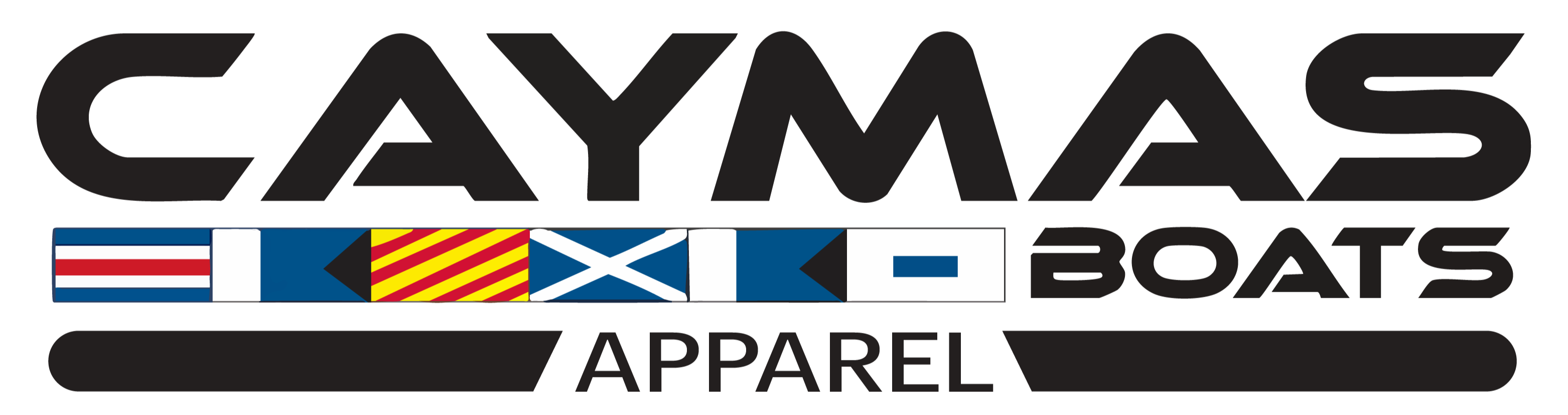 Caymas Boats Apparel logo with brand name and flags on a white background