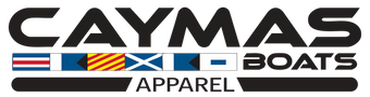 Caymas Boats Apparel logo with brand name and flags on a white background