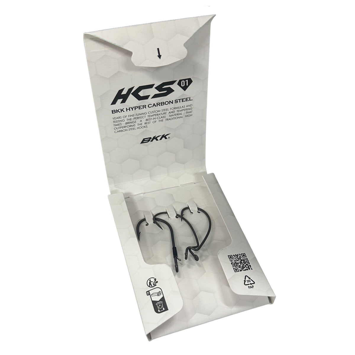 Three black BKK hyper carbon steel fishing hooks displayed inside an open white branded retail box on a plain white background.