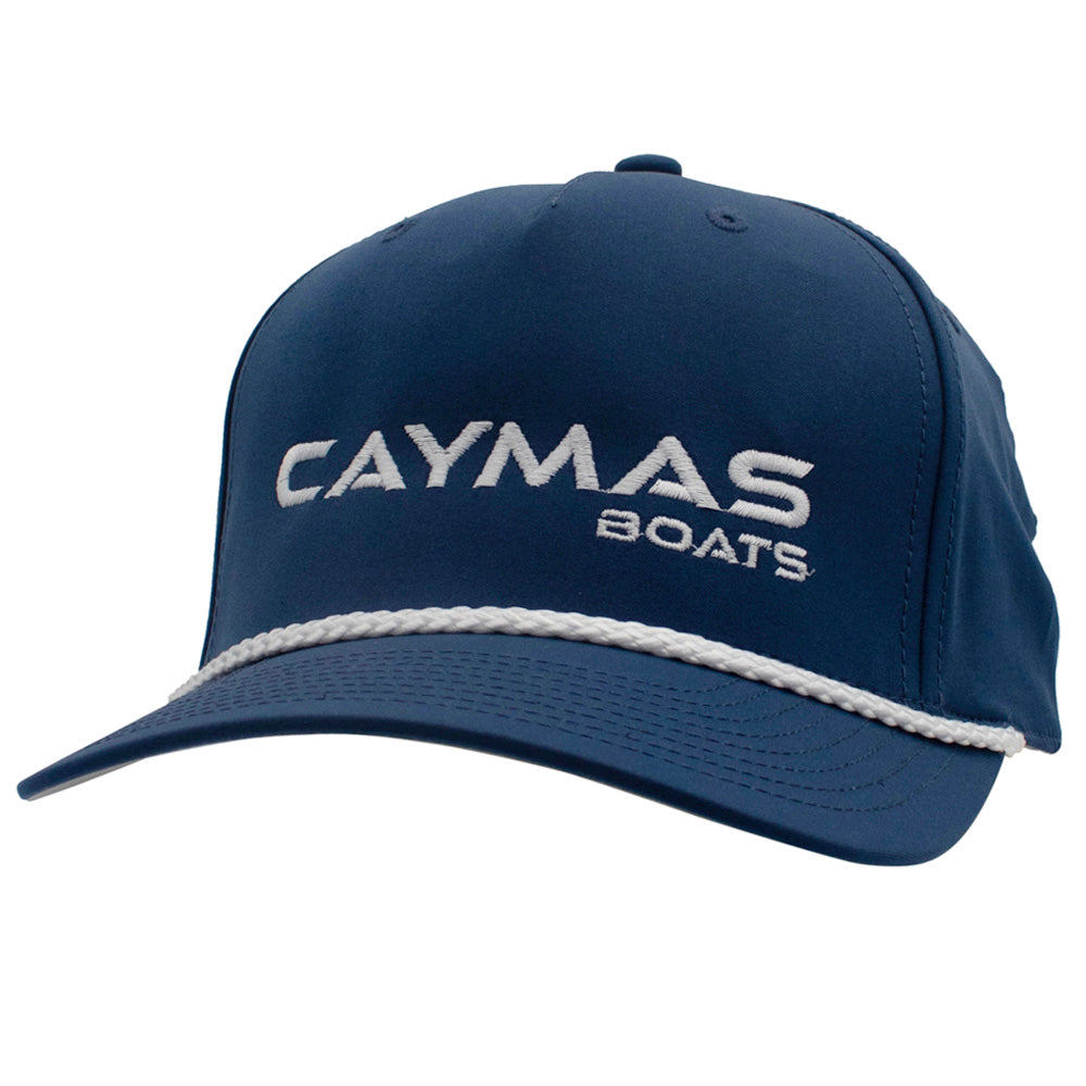 A blue cap with a white 'Caymas Boats' logo on the front and a white rope across the bill.