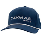 A blue cap with a white 'Caymas Boats' logo on the front and a white rope across the bill.