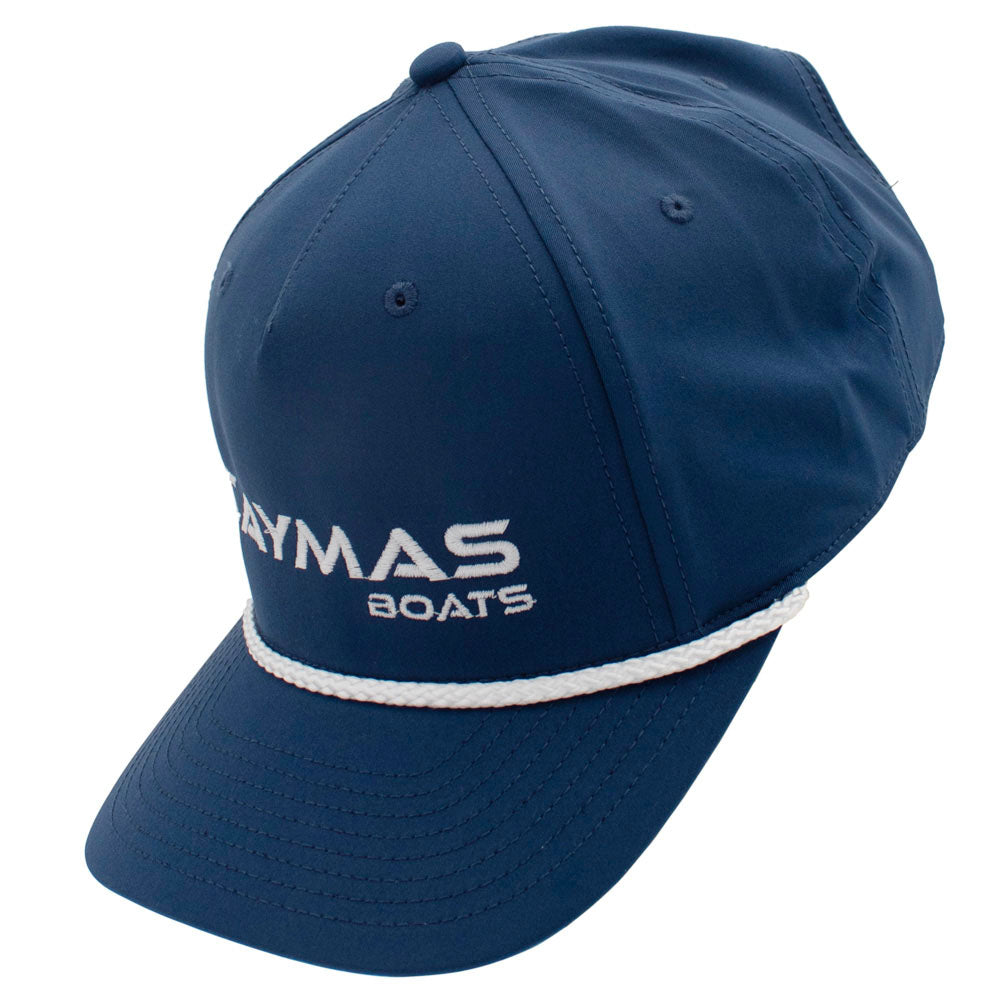 Side of a navy-blue cap with a white 'Caymas Boats' logo on the front. 