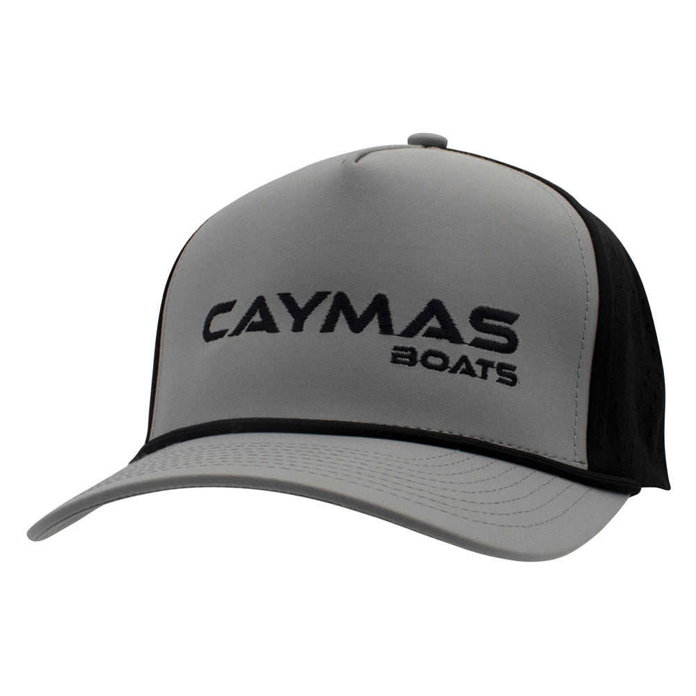A light grey and black cap with a black 'Caymas Boats' logo on the front and a black rope across the bill.