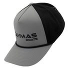 Side of a light grey and black cap with a black 'Caymas Boats' logo on the front. 