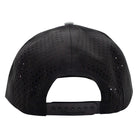 A perforated canvas back of a black cap with 'Richardson' branding on the snapback closure.