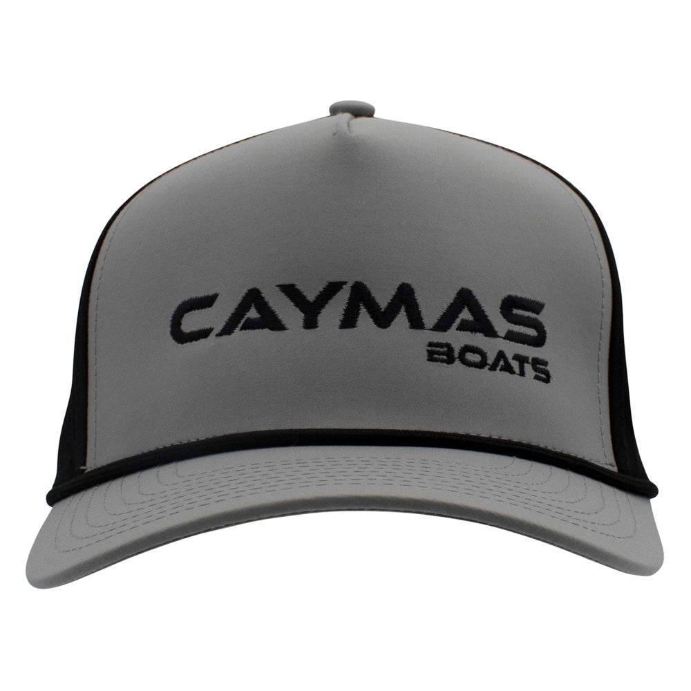 A light grey and black cap with a black 'Caymas Boats' logo and a black rope across the bill.