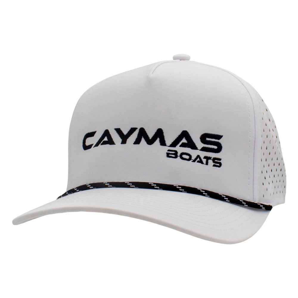 White cap with a black rope across the bill and a black caymas boats logo.
