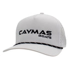 White cap with a black rope across the bill and a black caymas boats logo.