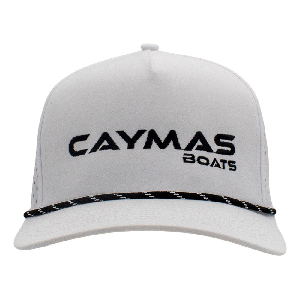 White cap with a black rope across the bill and a black caymas boats logo sewn on the front.