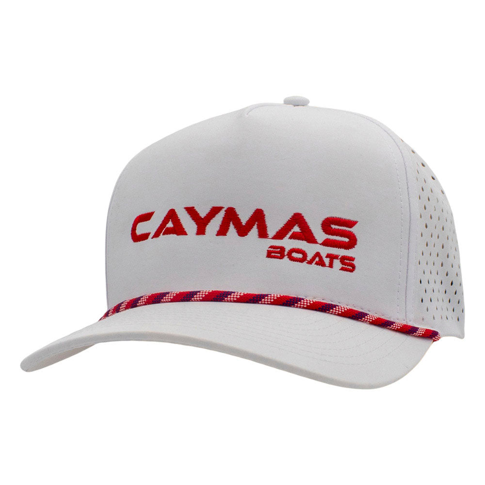 White cap with red 'Caymas Boats' text across the front.