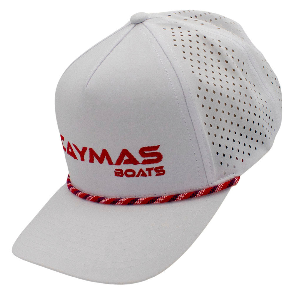 Side of a white cap with red 'Caymas Boats' text across the front and a mesh back.
