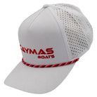 Side of a white cap with red 'Caymas Boats' text across the front and a mesh back.