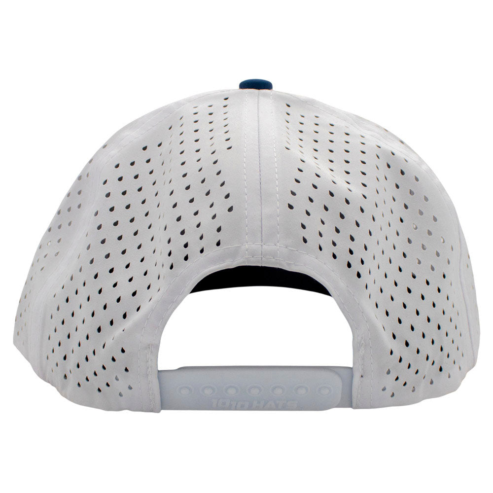 white mesh back of a hat with a snap back closure.