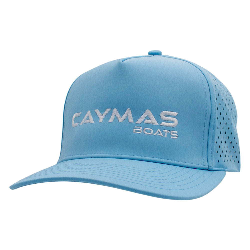 Light blue cap with a white 'Caymas Boats' logo on a white background.