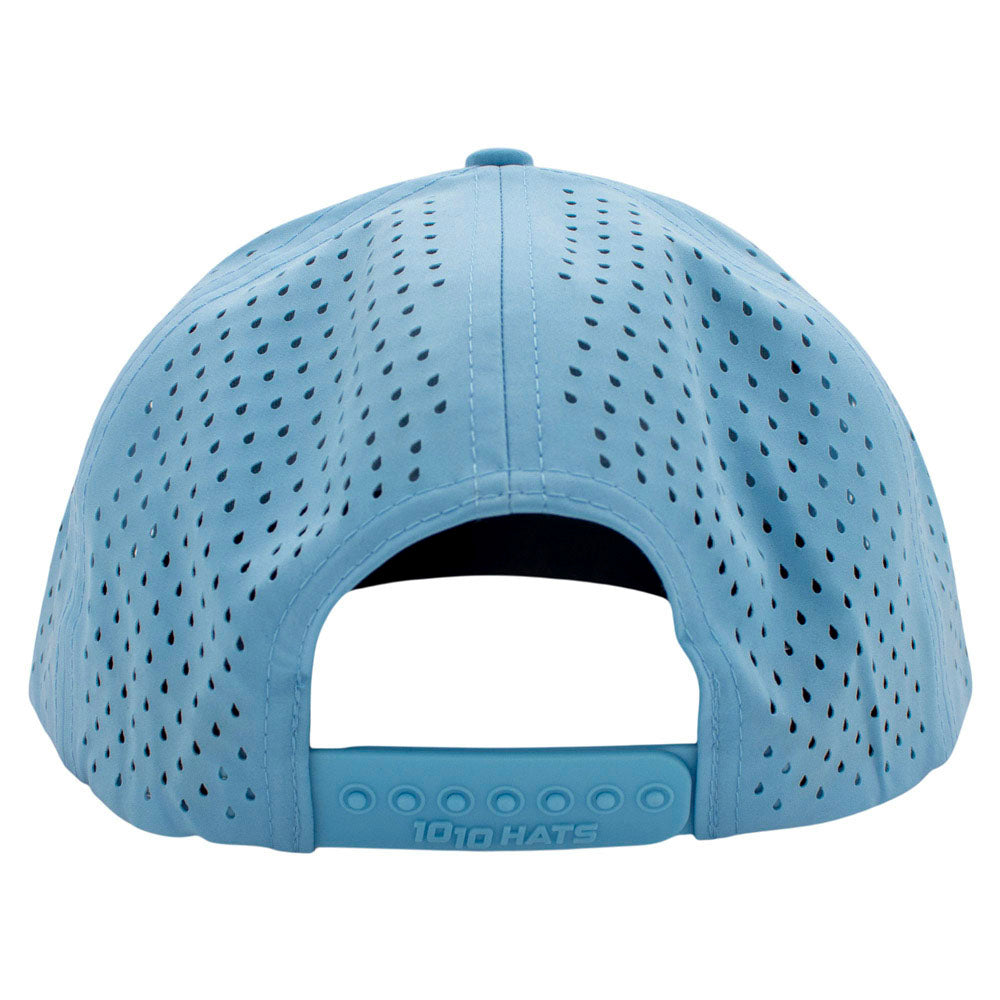 Perforated blue baseball cap with a snap back closure on a white background.
