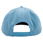 Perforated blue baseball cap with a snap back closure on a white background.