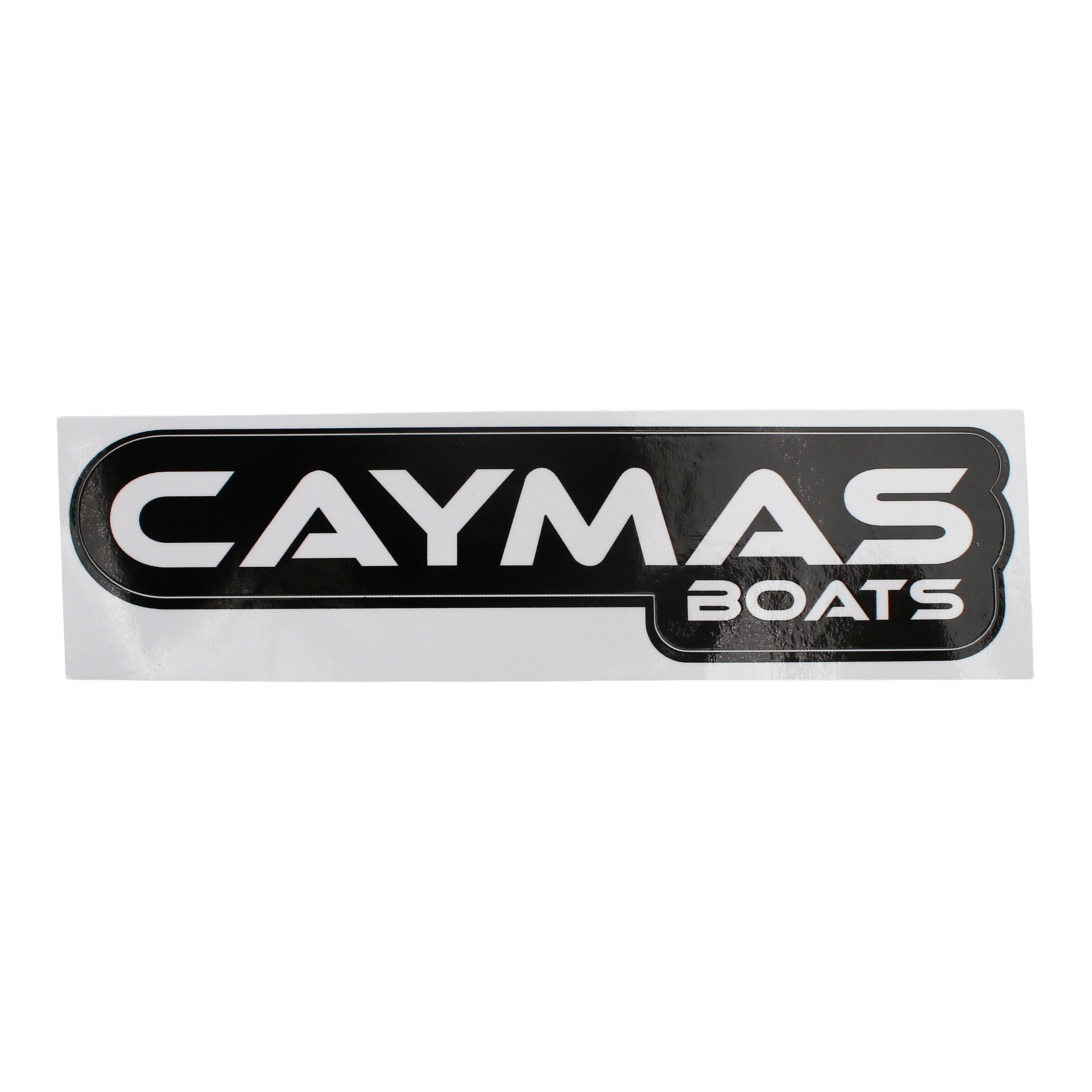 A small decal of a white caymas boats logo with a thick black outline.
