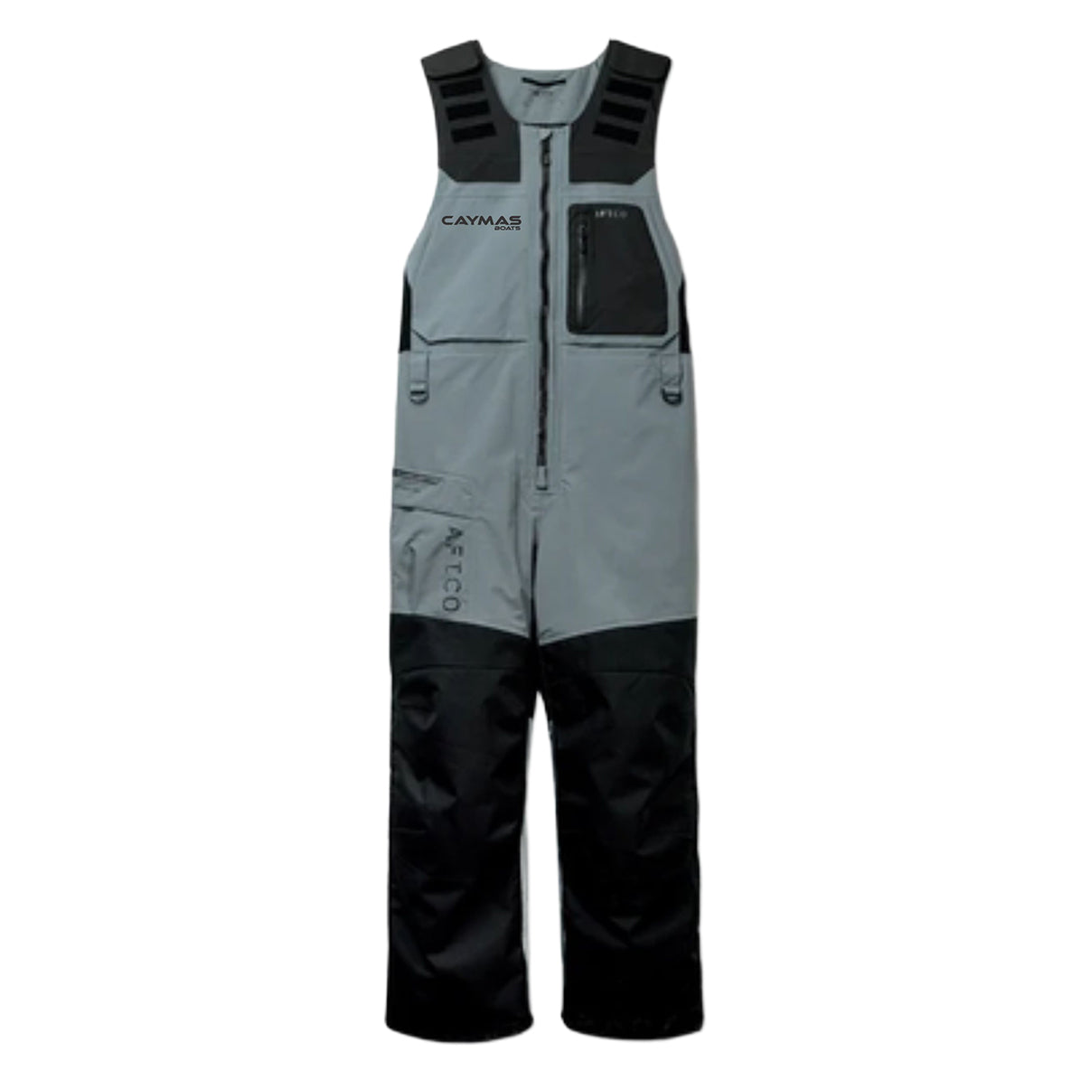 A pair of technical outdoor bib overalls in light gray and black, featuring a front zipper, multiple utility pockets, and shoulder straps, shown against a plain white background.