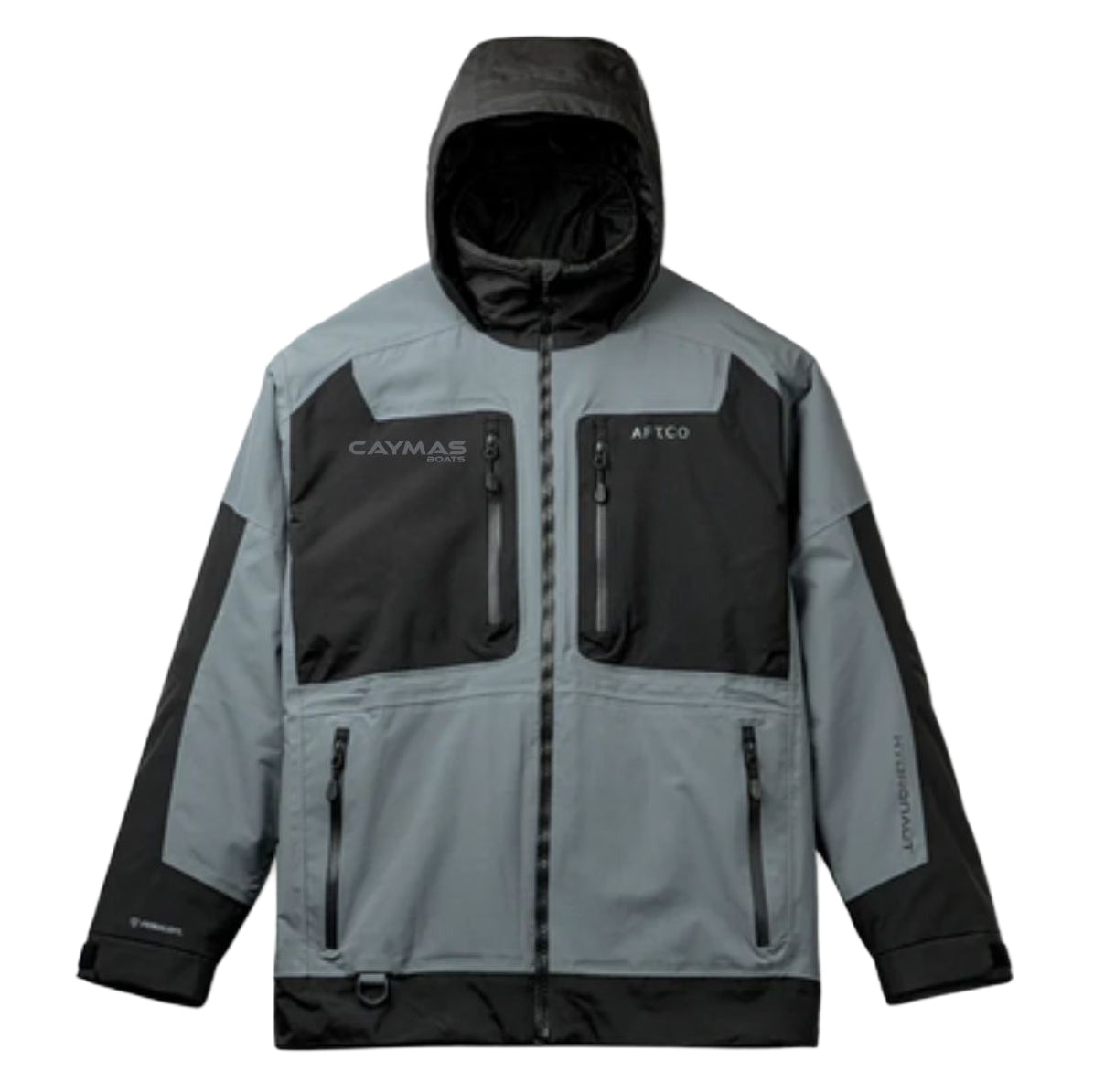 A gray and black outdoor hooded jacket with multiple zippered pockets, featuring the CAYMAS and AFTCO logos on the chest, displayed against a solid white background.
