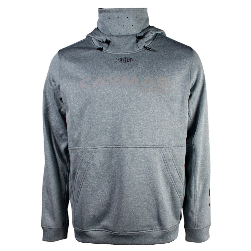Gray hoodie with a built-in neck gaiter and a gray Caymas Boats logo printed on the chest. 