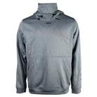 Gray hoodie with a built-in neck gaiter and a gray Caymas Boats logo printed on the chest. 