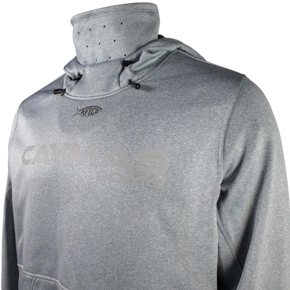 Close up of a gray hoodie with a subtle Caymas Boats brand logo on the chest. 