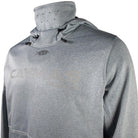 Close up of a gray hoodie with a subtle Caymas Boats brand logo on the chest. 