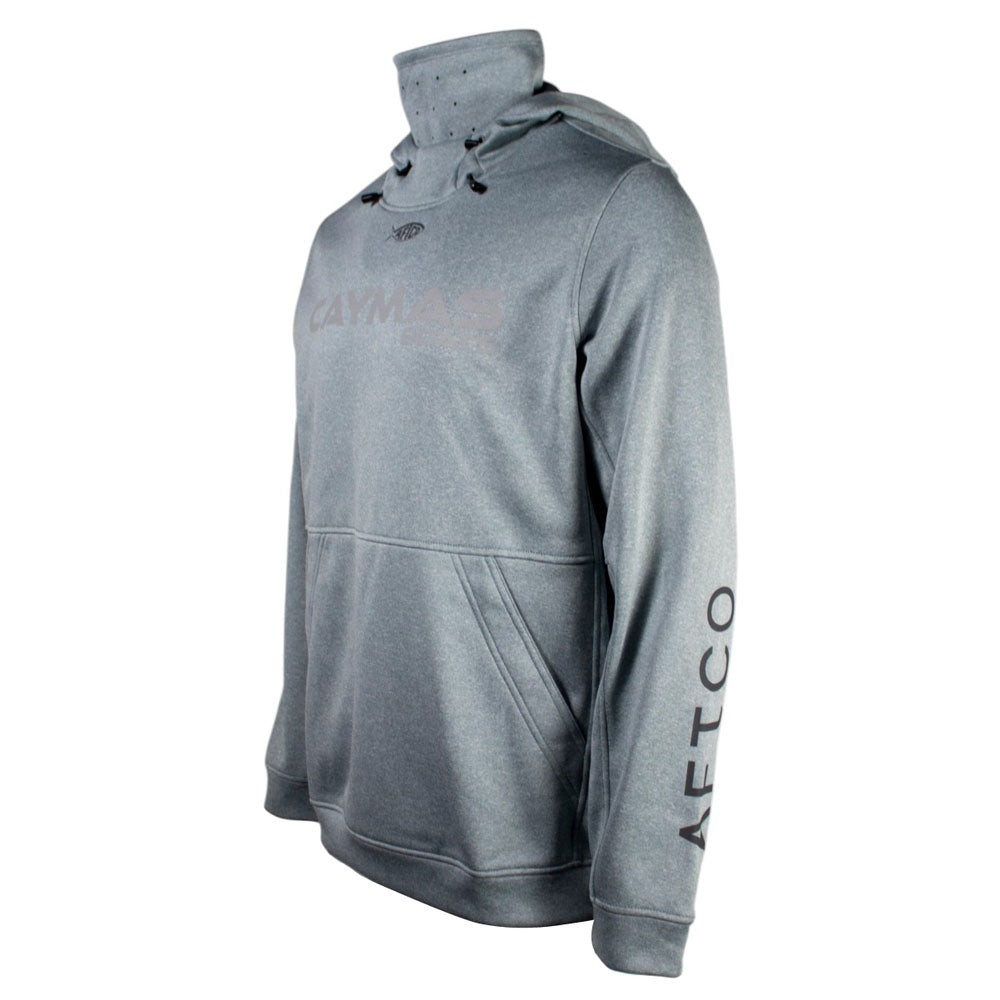 Side of a gray hoodie with Caymas Boats logo on the chest and dark grey AFTCO branding on the sleeve. 
