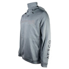 Side of a gray hoodie with Caymas Boats logo on the chest and dark grey AFTCO branding on the sleeve. 
