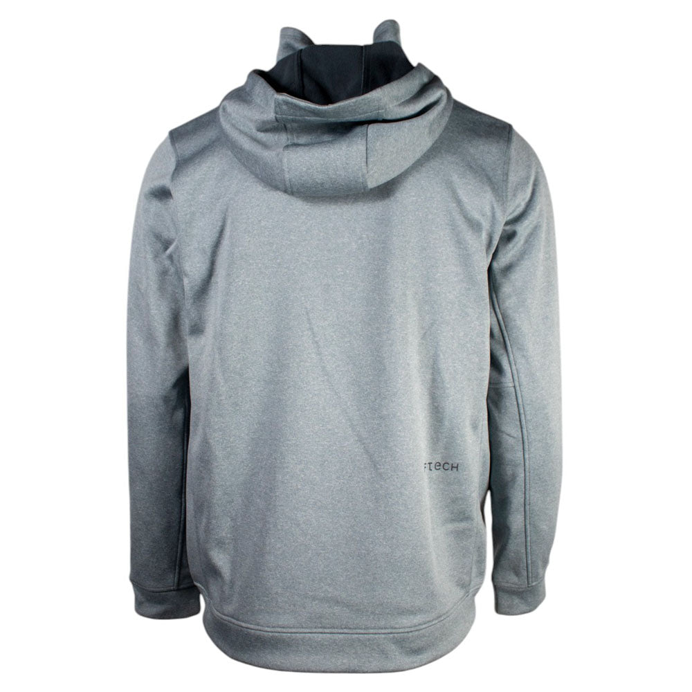 Back of a gray hoodie with 'AFTECH' branding on the waist. 
