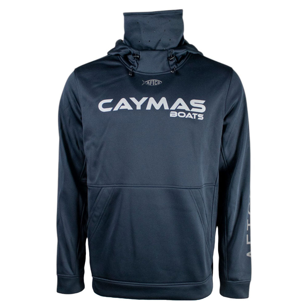 Navy hoodie with a built-in neck gaiter and a grey 'Caymas Boats' logo on the chest. 