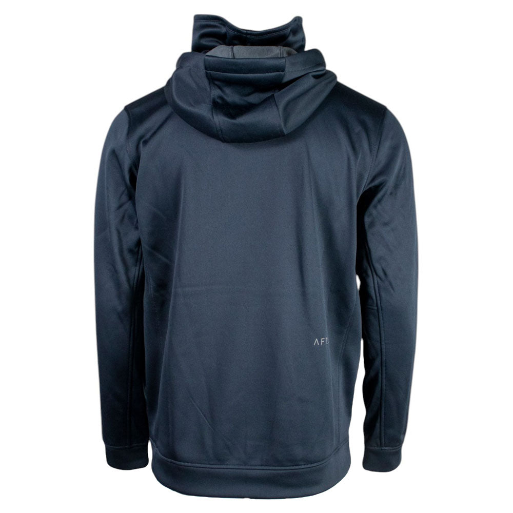 Back of a navy hoodie with an AFTCO logo on the waist. 