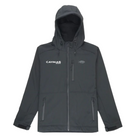 A black AFTCO jacket with a hood and full zipper, multiple pockets, and a white caymas boats logo on the chest.