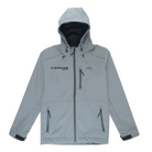 A grey AFTCO jacket with a hood and full zipper, multiple pockets, and a black caymas boats logo on the chest.