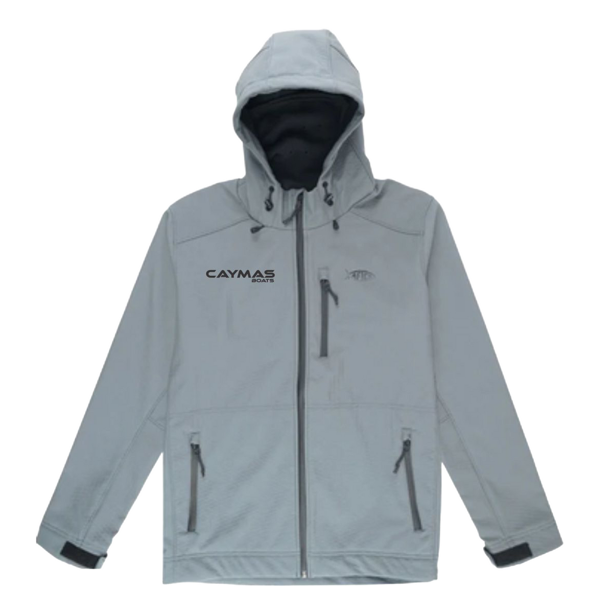 A grey AFTCO jacket with a hood and full zipper, multiple pockets, and a black caymas boats logo on the chest.