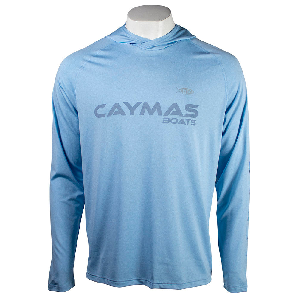 Front of a light blue hooded long sleeve with a grey blue 'Caymas Boats' logo across the chest. 