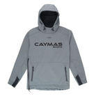 A grey reaper pullover jacket with zippered hand pockets, a hood, and a black caymas boats logo printed on the chest.