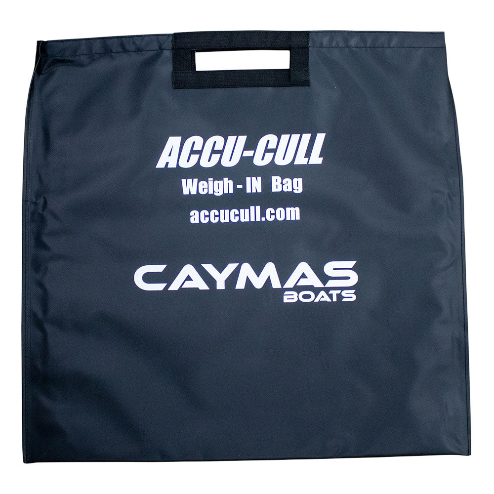 Black weigh-in bag with 'Accu-Cull' and 'Caymas Boats' branding on the front.