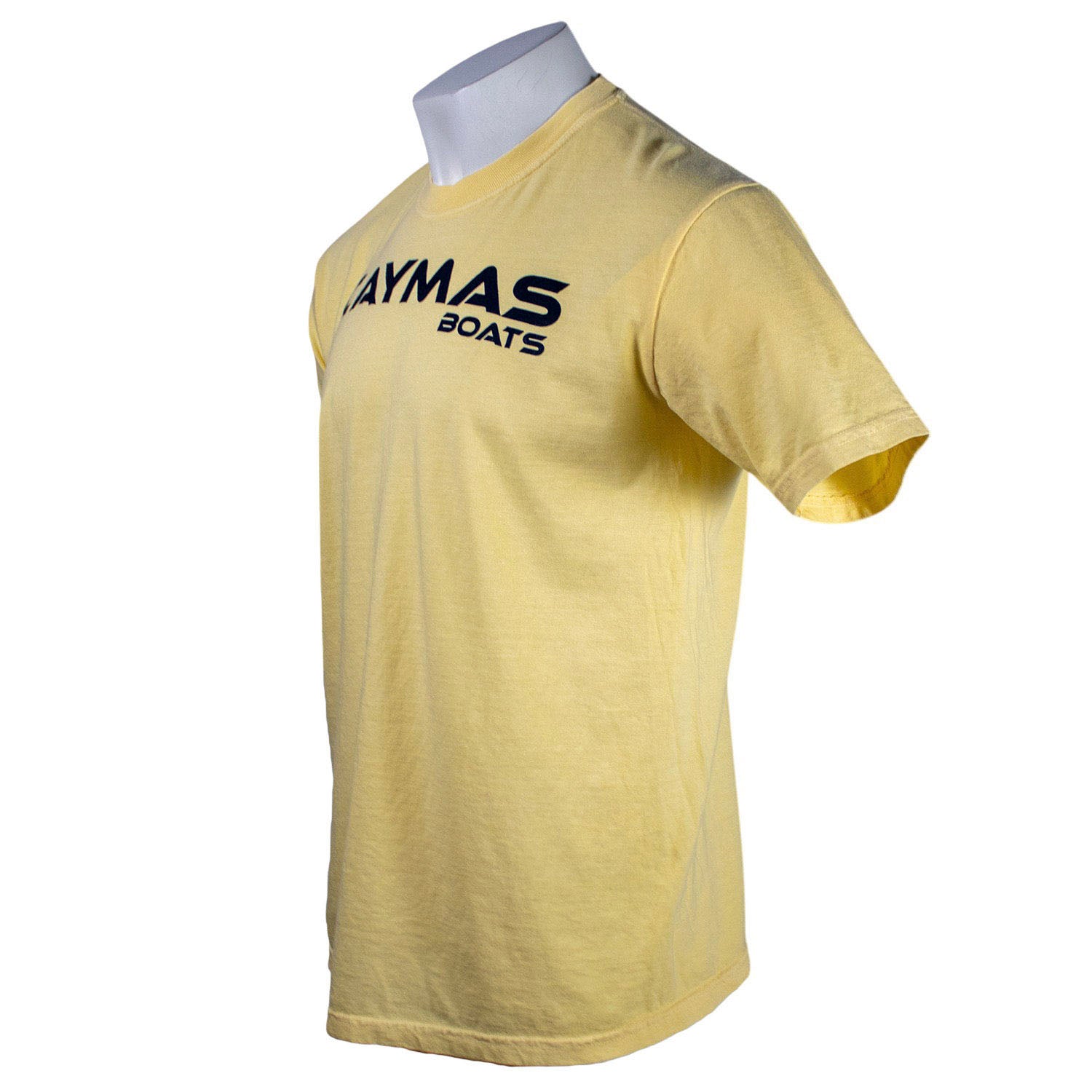 Side of a yellow t-shirt with a black 'Caymas Boats' logo on the chest.