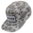 Side of a light grey camouflage-patterned cap with a white Caymas Boats rectangular patch and a rope across the bill.