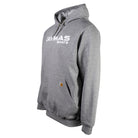 Side of a gray hoodie with 'Caymas Boats' logo on the chest in white. 