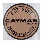 Circular brown decal with 'Caymas Boats. Dominate the Water' branding.