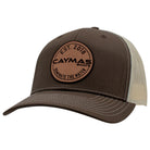 Brown and beige cap with a circular Caymas Boats patch on the front. 