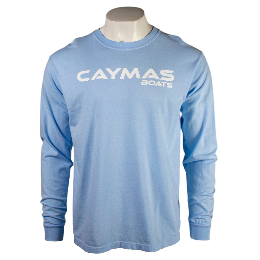 Light blue long-sleeve shirt with a white 'Caymas Boats' logo on the chest. 