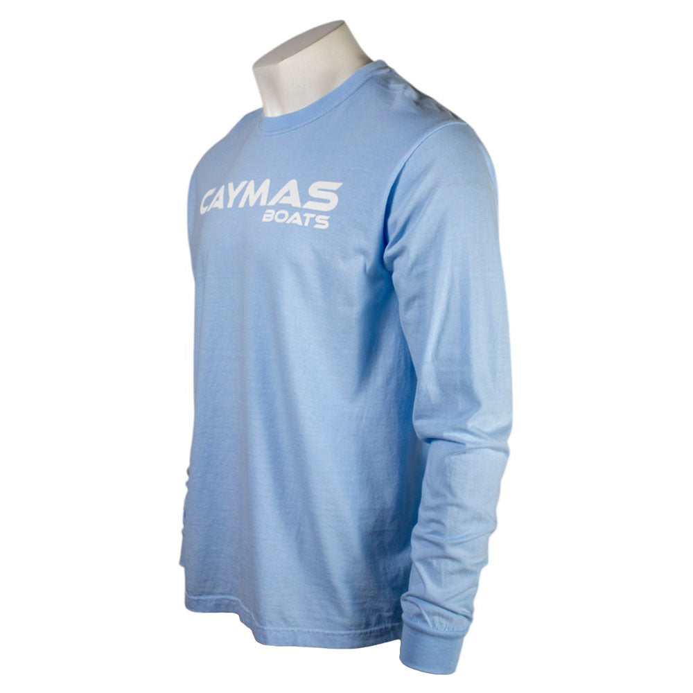 Side of a light blue long-sleeve shirt with a white 'Caymas Boats' logo on the chest. 