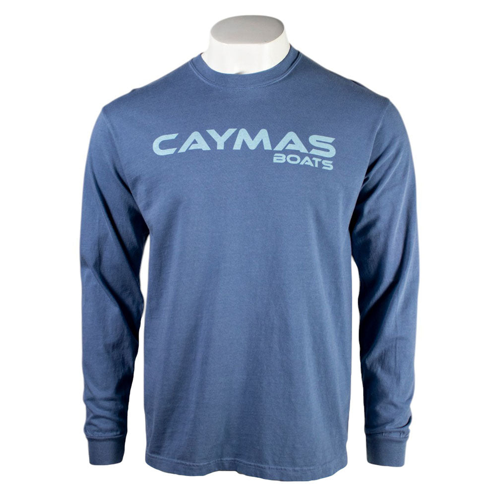 Blue long-sleeve shirt with 'Caymas Boats' logo in teal on the chest. 