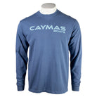 Blue long-sleeve shirt with 'Caymas Boats' logo in teal on the chest. 