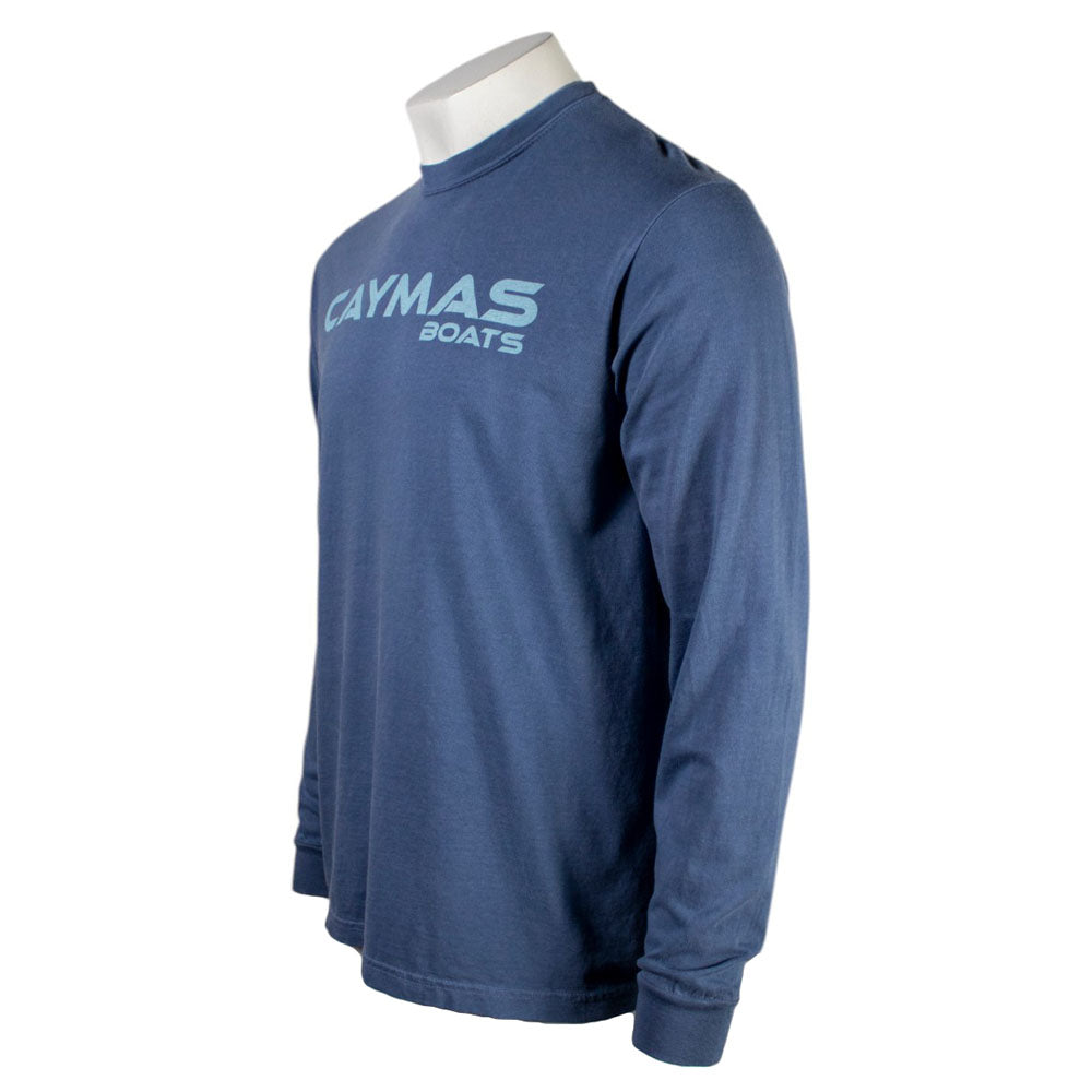 Side of a blue long-sleeve shirt with 'Caymas Boats' logo in teal on the chest. 