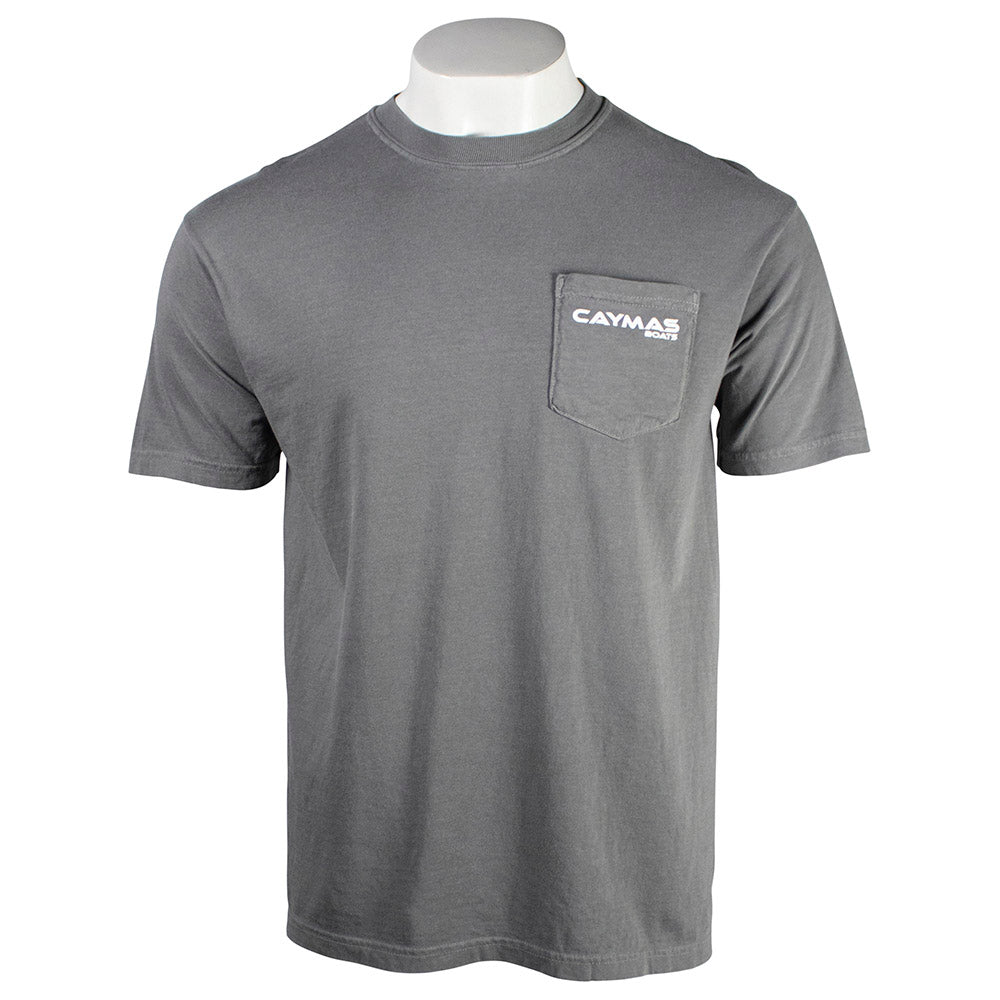 Gray T-shirt with a left chest pocket and a white 'Caymas' logo on it. 